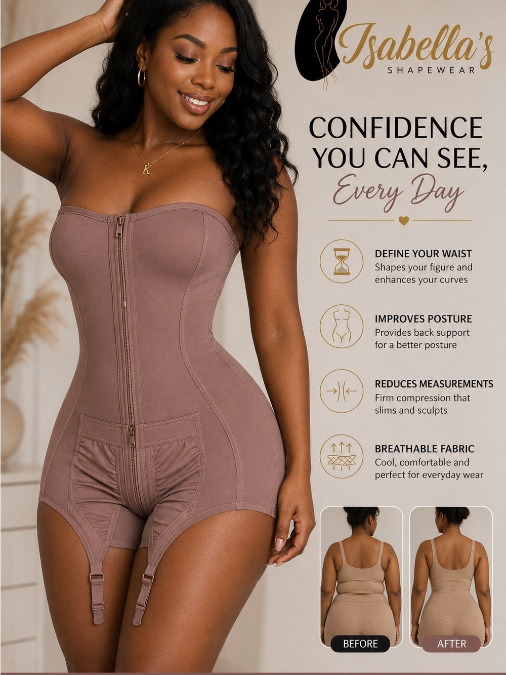 Strapless Waist-Defining Bodysuit Shapewear - Mauve